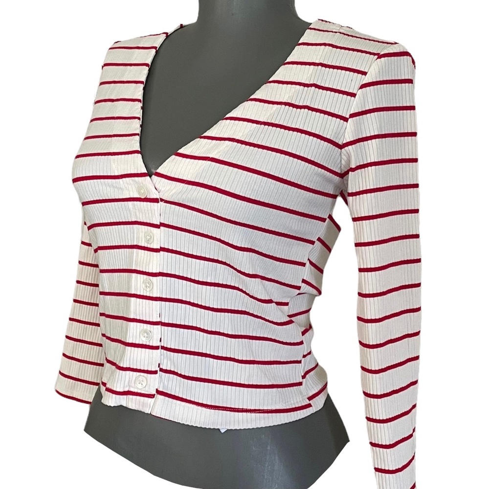 Reformation Striped V-Neck Ribbed lButton Down Crop Top Sz S